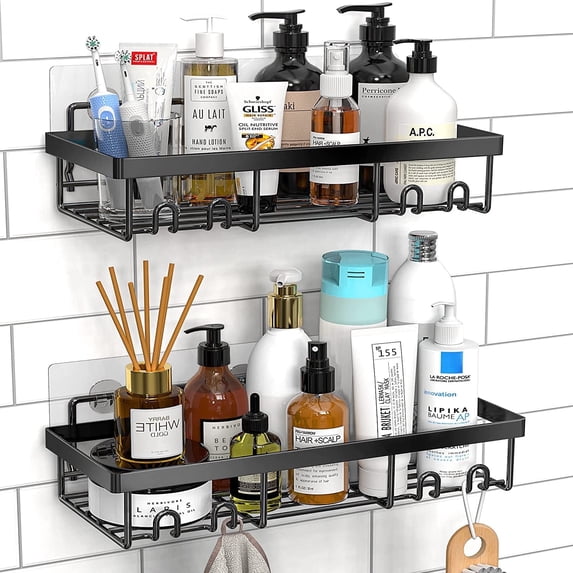 Moforoco 2-Shelf Shower Caddy Organizer, Black Metal Wall Mount Bathroom Storage Rack, 2 Count