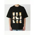 thumbnail image 1 of Mofusand Cartoon Cat Faces T-Shirt - 6 Playful Cat Illustrations, Soft Cotton Blend, Short Sleeve Crew Neck, Machine Washable, Black with Colorful Design, Regular Fit Casual, 1 of 6