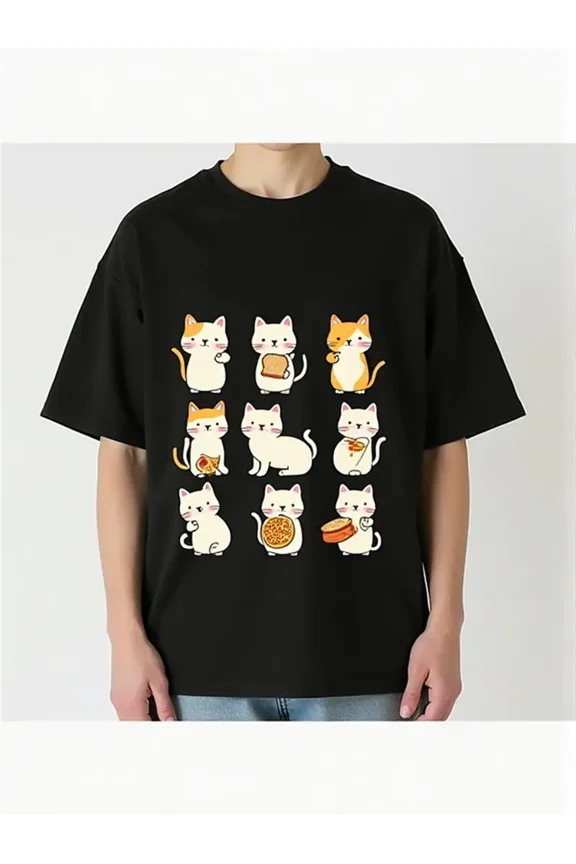 Mofusand Cartoon Cat Faces T-Shirt - 6 Playful Cat Illustrations, Soft Cotton Blend, Short Sleeve Crew Neck, Machine Washable, Black with Colorful Design, Regular Fit Casual