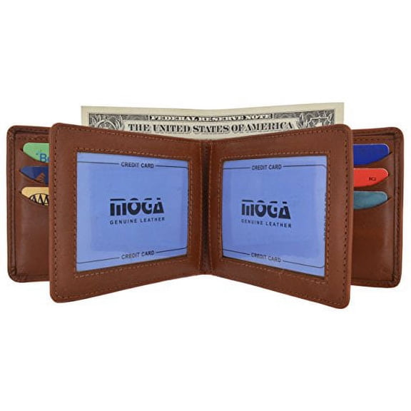 Moga Men's Bifold Genuine Leather Wallet With Double Center Flap And 3 ID Windows (Tan)