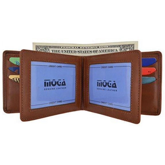 Moga Men's Bifold Genuine Leather Wallet With Double Center Flap And 3 ID Windows
