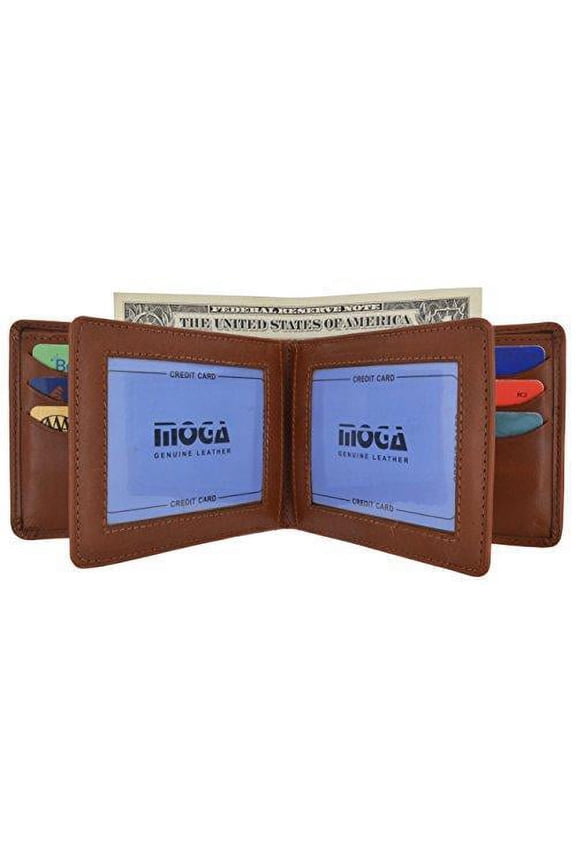 Moga Men's Bifold Genuine Leather Wallet With Double Center Flap And 3 ID Windows