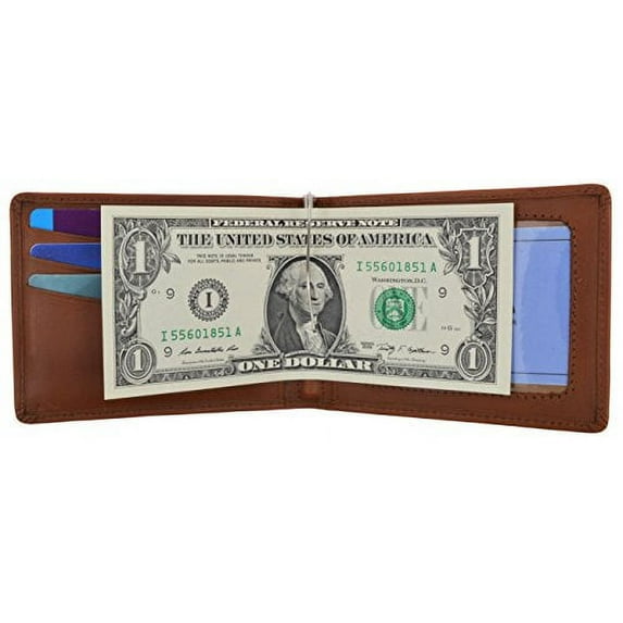 Moga Men's Genuine Leather Slim Money Clip Credit Card Holder Bifold Wallet With ID Window (Tan)