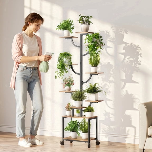 Plant Stand with Grow Lights, Mogaath 62" Tall Plant Shelf Indoor with Wheels,10 Tier Display Rack, Tree-Shape Metal Flower Holder for Home Living Room Office