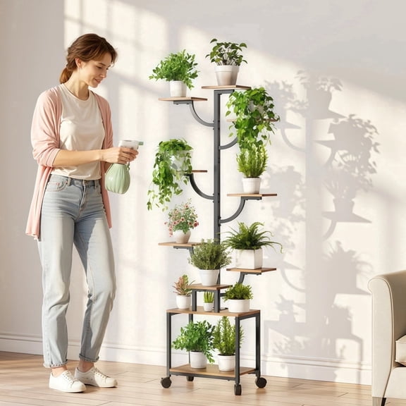 Mogaath 61.45"H Plant Stand Indoor 10 Tiered Rolling Metal Plant Shelf with 3-Head Grow Lights for Patio Garden Balcony Living Room or Bedroom