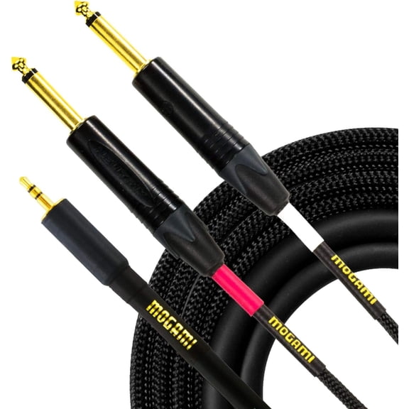 Mogami Gold 3.5-2TS-10 Stereo Audio Y-Adapter Cable, 3.5mm TRS Plug to Dual 1/4" TS Plugs, Gold Contacts, Straight Connectors, 10 Foot