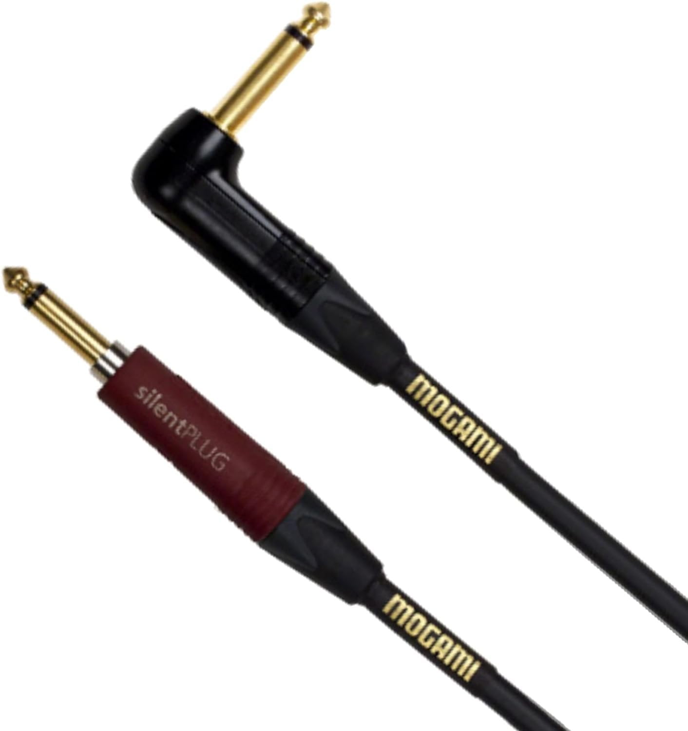 Mogami Gold INST Silent S-10R Guitar Instrument Cable, 1/4" TS Male Plugs, Gold Contacts, Straight silentPLUG to Right Angle Connectors, 10 Foot.