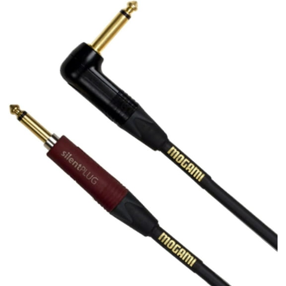Mogami Gold INST Silent S-10R Guitar Instrument Cable, 1/4" TS Male Plugs, Gold Contacts, Straight silentPLUG to Right Angle Connectors, 10 Foot.