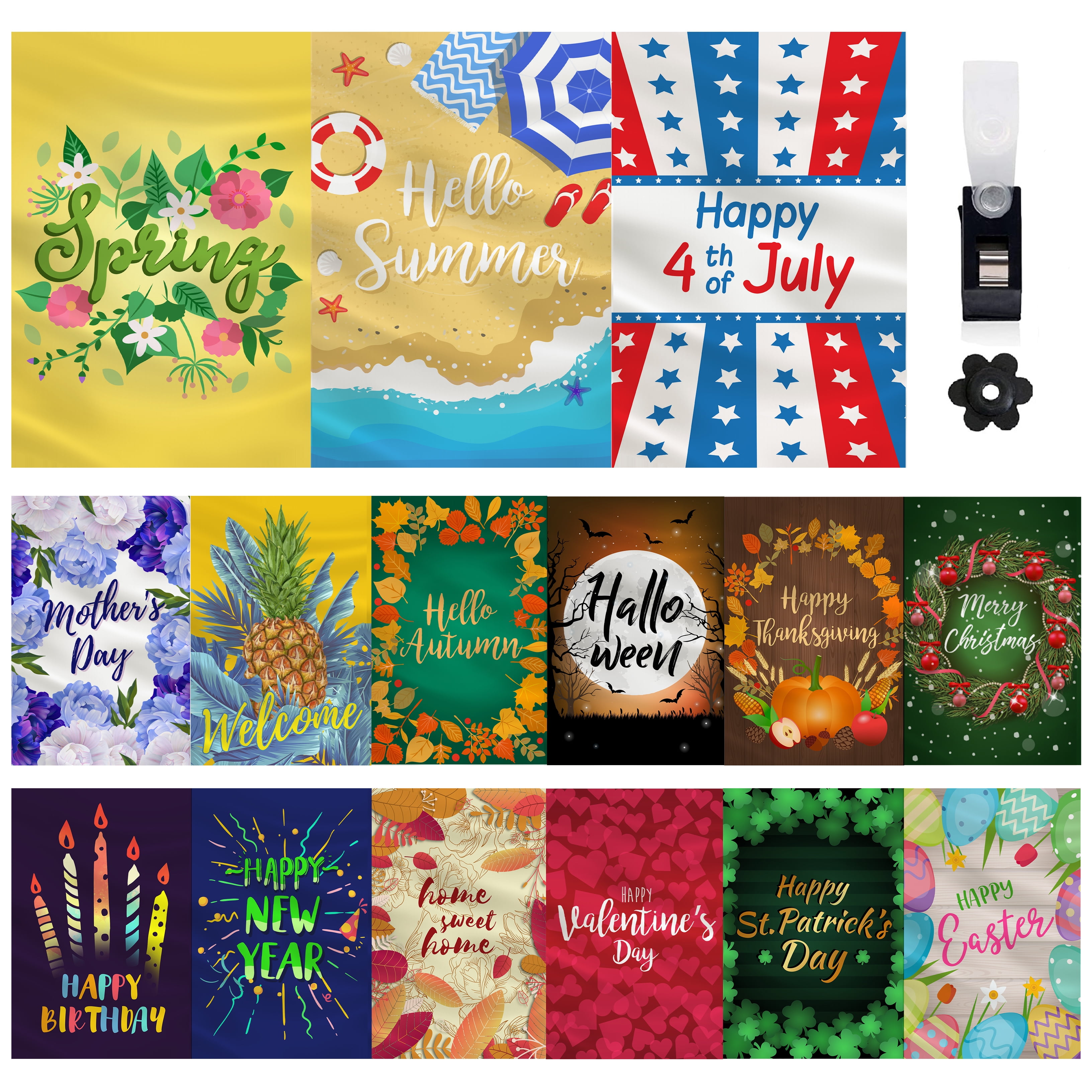 Mogarden 15-Pack Seasonal Garden Flags Set 12x18 Double Sided, Small Outdoor Holiday Decorative Yard Flags
