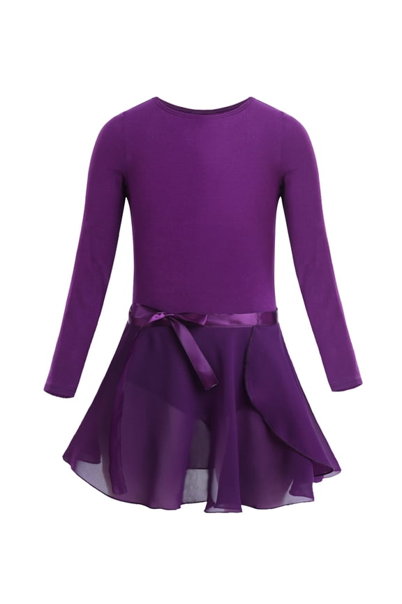 2Pcs Girls Ballet Dance Outfits Long Sleeve Gymnastics Leotard with Chiffon Tied Skirt Set Dark Purple XS