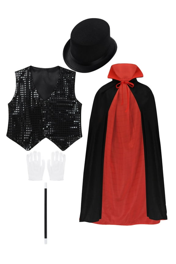 Boys Magician Outfit Deluxe Set with Cloak Cape, Sequin Vest, Top Hat, Magic Wand and Gloves Black 140
