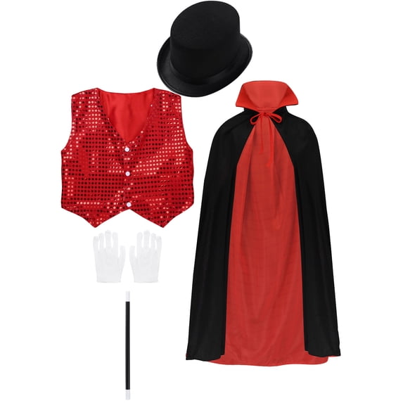 Moggemol Boys Magician Outfit Deluxe Set with Cloak Cape, Sequin Vest, Top Hat, Magic Wand and Gloves Red 130