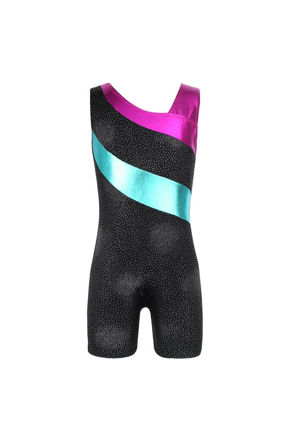 Child Girls Sleeveless Sparkly Splice Ballet Dance Gymnastics Leotard Biketard Jumpsuit One Black XS