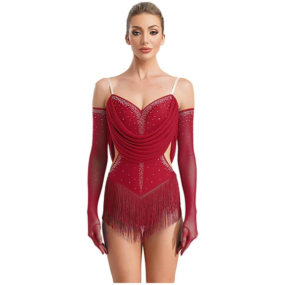 Moggemol Fringed Leotard for Women Rhinestones Latin Dance Bodysuit Tassel Jazz Dancing Uniforms Red M