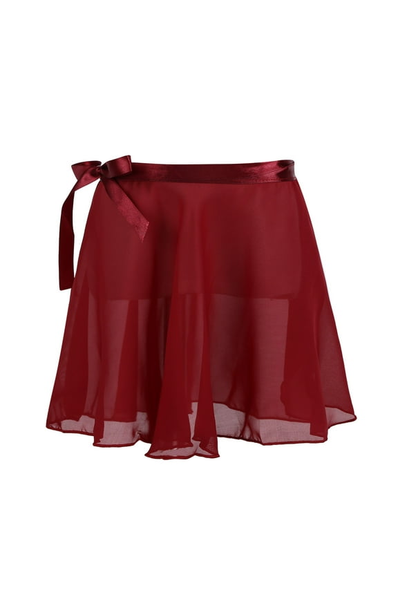 Girls Ballet Dance Dress Basic Chiffon Floral Lace Wrap Skirt Pull-On Skirt Dancewear Burgundy S