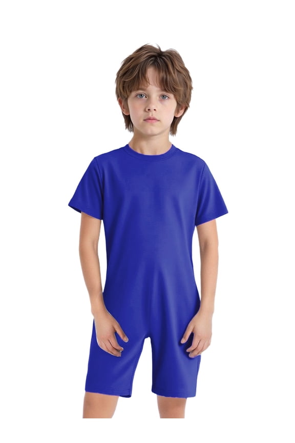 Gymnastics Leotard for Kids Boys Girls Special Needs Adaptive Romper Short Sleeve Dance Royal Blue 4