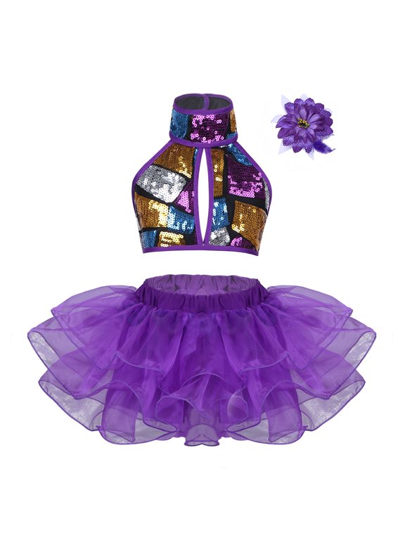 Kid Girls Halter Sequins Ballet Dance Top with Tutu Dress Flower Hair Clip Set Stage Purple 120