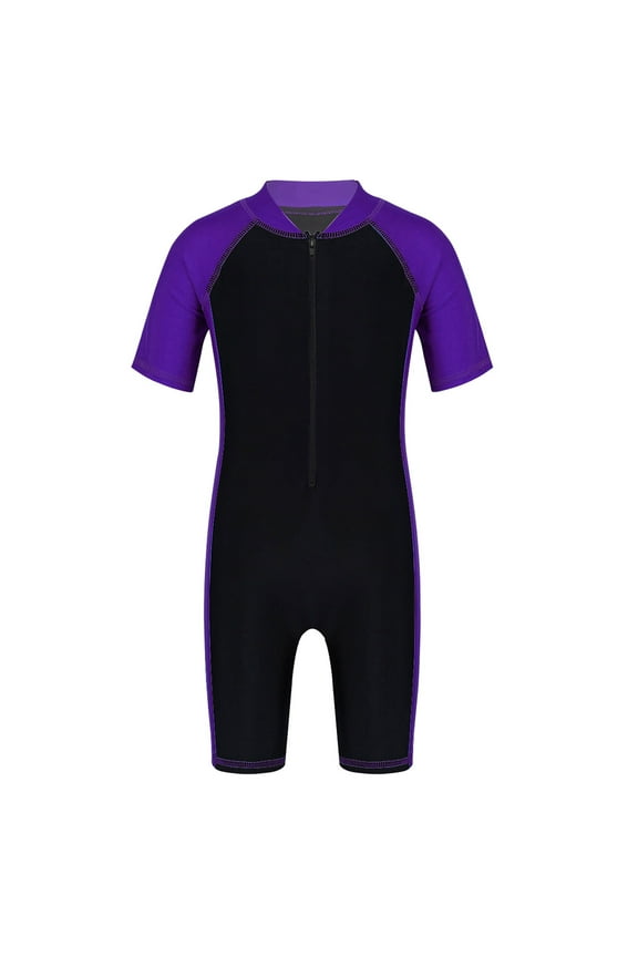 Kids Boys Girls One Piece Surfing Wetsuit Zip Front Shorts Swimsuit UV Sun Protection Rash Purple&Black 10