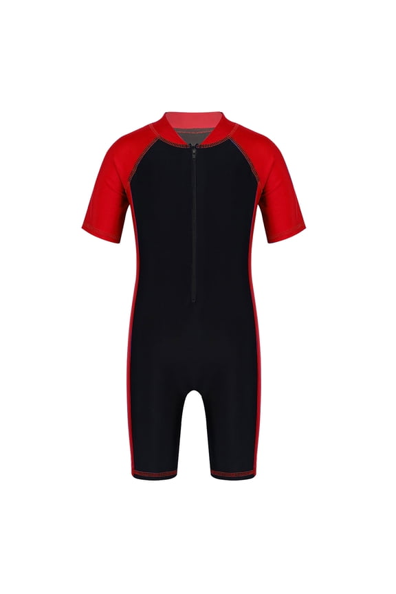 Kids Boys Girls One Piece Surfing Wetsuit Zip Front Shorts Swimsuit UV Sun Protection Rash Red&Black 4