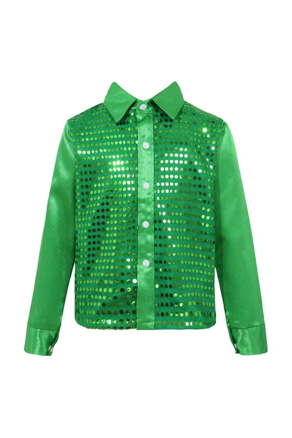 Kids Boys Long Sleeve Shiny Sequins Shirts Latin Jazz Dancewear Stage Performance Dance Green 150