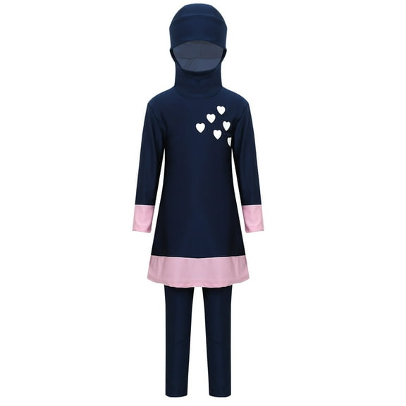Moggemol Kids Girls 2-Pieces Modest Burkini Swimsuit Swimwear Full Body Rash Guard Beach wear Bathing Navy Blue 140