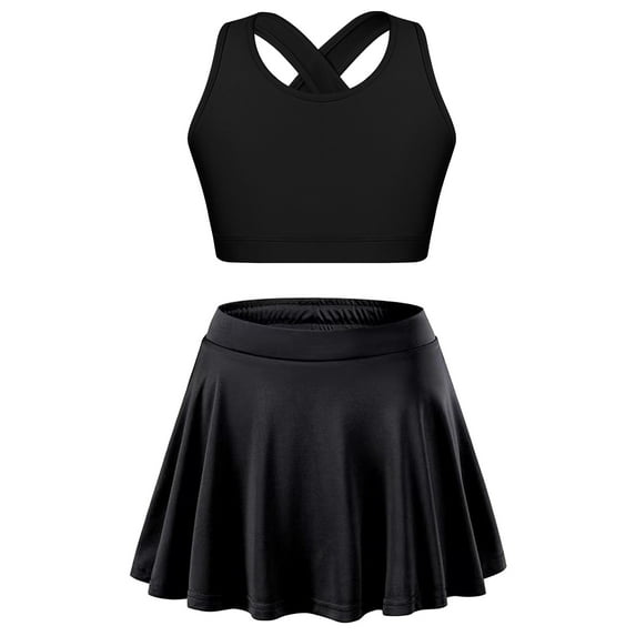 Moggemol Kids Girls 2PCS Sport Active Outfit Sleevelss Crop Top with Pleated Skort Skirt Set Tennis Black 8