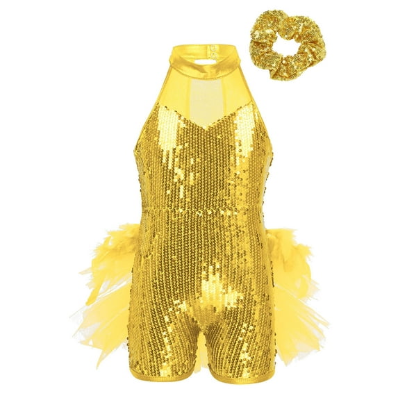 Moggemol Kids Girls 2pcs Shiny Sequins Ballet Latin Dance Leotard Tutu Dress with Headband Set Dance Performance Costume Yellow 14