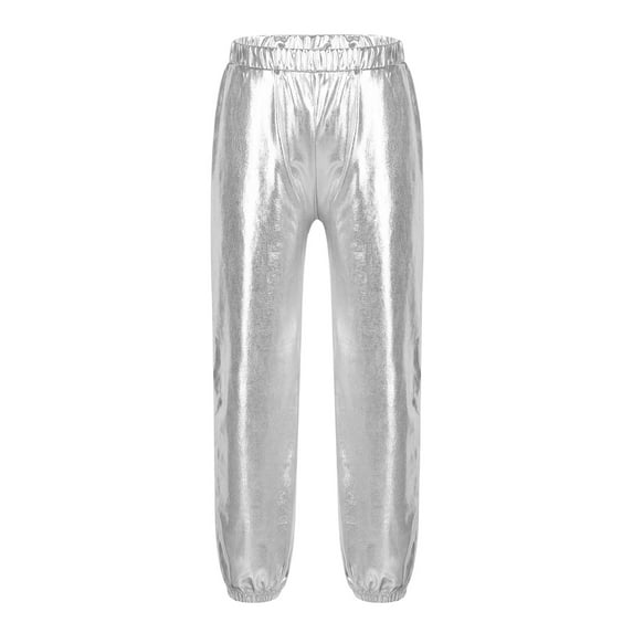 Moggemol Kids Girls Boys Shiny Metallic Dance Harem Pants Athletic Leggings Hip Hop Street Dance Pant Silver 8