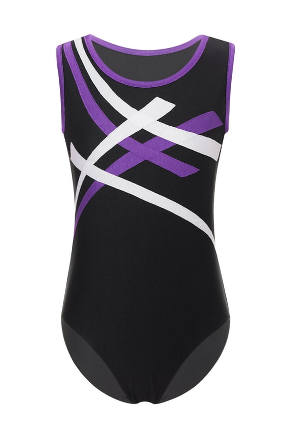 Kids Girls Boys Sleeveless Color Block Gymnastic Ballet Yoga Leotard Ice Skating Bodysuit Purple 10