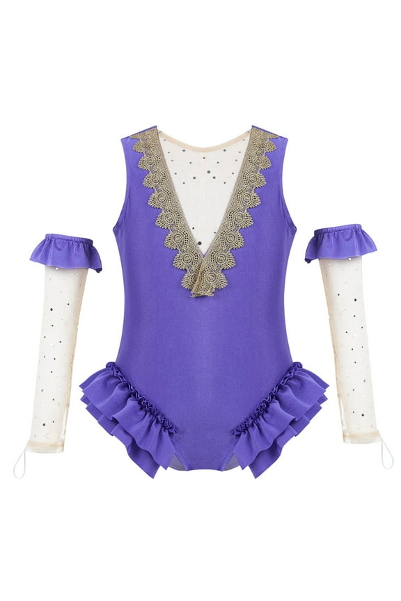 Kids Girls Circus Ringmaster Costume Halloween Cosplay Outfit Mesh Splice Leotard with Arm Lavender 3