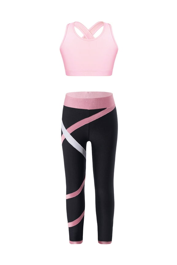 Kids Girls Crop Tops and Leggings Two Pieces Set Athletic Outfits Dance Gym Yoga Activewear Pink 14