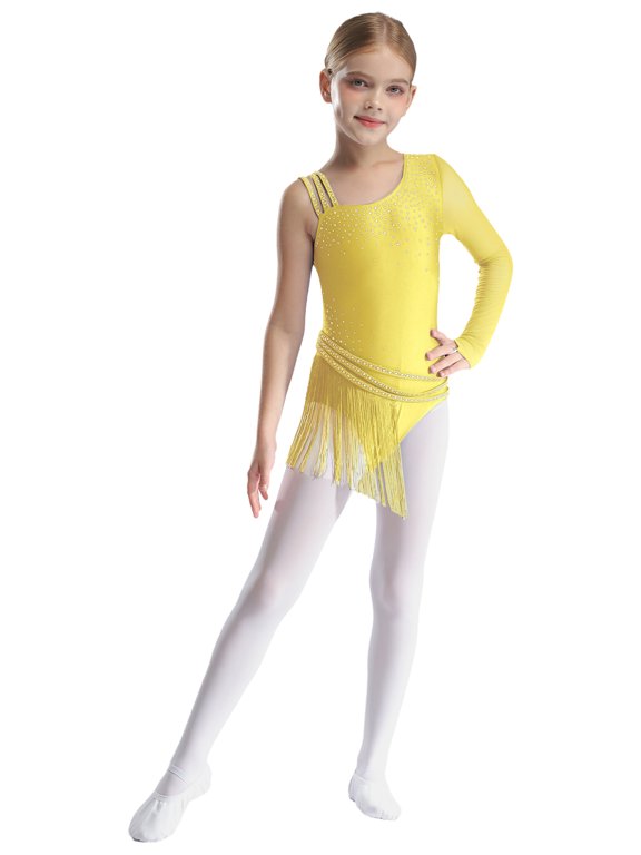 Kids Girls Figure Ice Skating Dance Leotard Latin Cha-cha Dance Bodysuit Fringe Tutu Yellow 6