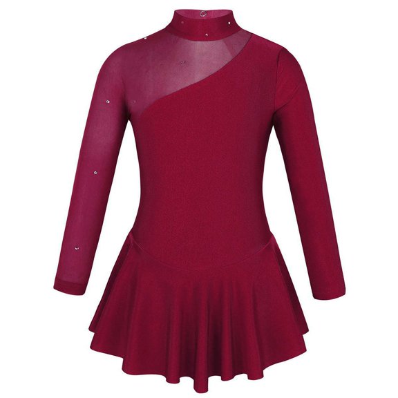 Moggemol Kids Girls Figure Ice Skating Leotard Dress Mesh Splice Roller Skating Dance Performance Burgundy 12
