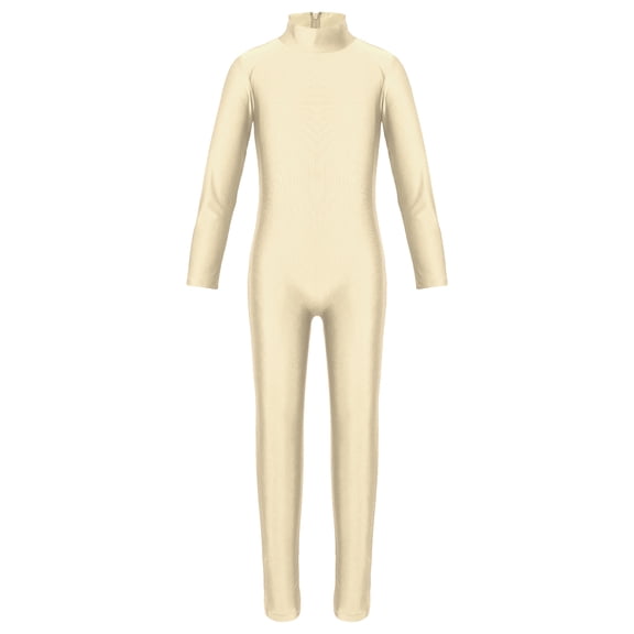 Moggemol Kids Girls Long Sleeve Dance Outfit Full Length Unitard Leotard Bodysuit Gymnastic Jumpsuit Beige 4XL