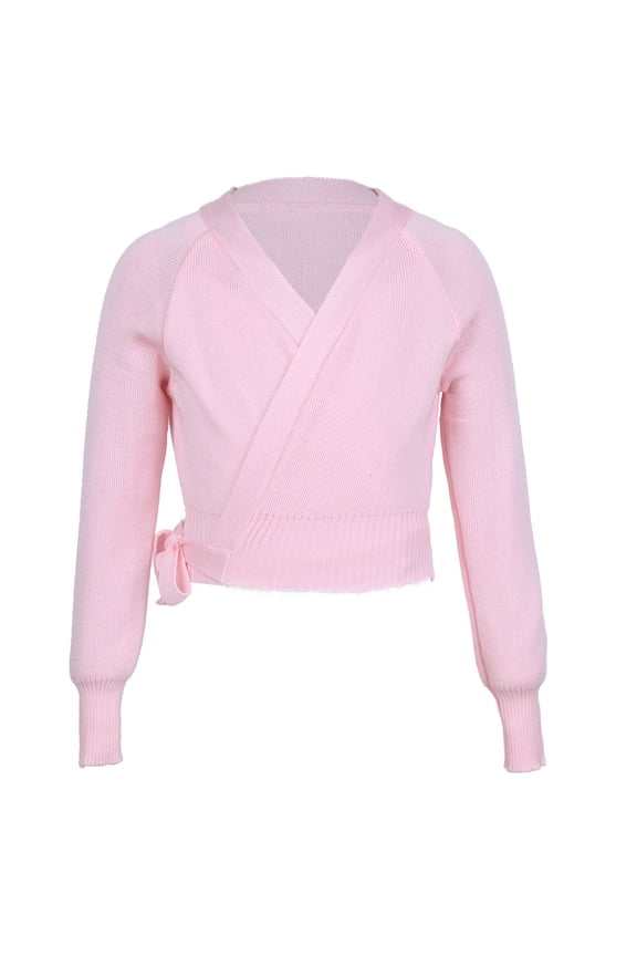 Kids Girls Long Sleeves Crossover Knit Sweater Cardigan Ballet Dance Warm Up Wrap Top Pink 150