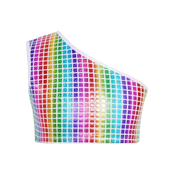Moggemol Kids Girls Metallic Plaid Slanted Shoulder Crop Tank Top for Cheerleading Dance Practice Colorful 100-120