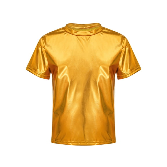 Moggemol Kids Girls Shiny Metallic T-Shirts Short Sleeve Jazz Hip Hop Street Dance Tops Sparkly Gold 130
