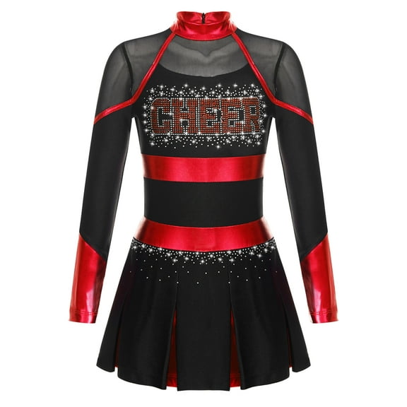 Moggemol Kids Girls Shiny Rhinestone Letter Print Long Sleeve Cheerleading Uniform Dance Dress Black&Red 6