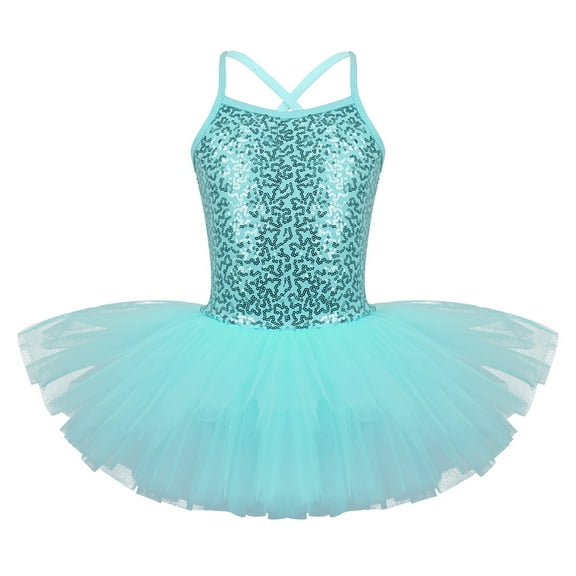 Moggemol Kids Girls Shiny Sequined Camisole Ballet Dance Mesh Tutu Dress Gymnastics Leotard Turquoise XL