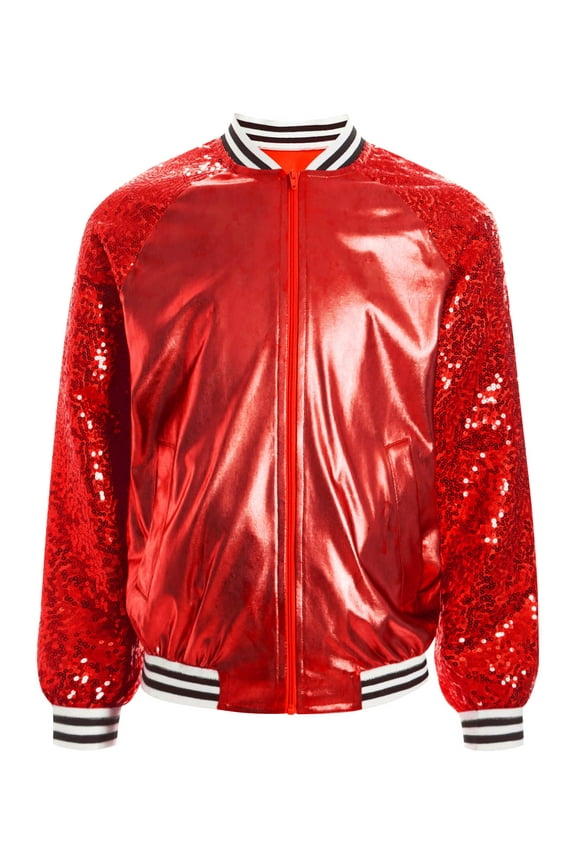Kids Girls Shiny Sequins Long Sleeve Hip Hop Jazz Modern Dance Bomber Jacket Coat Tops Outerwear Red 12
