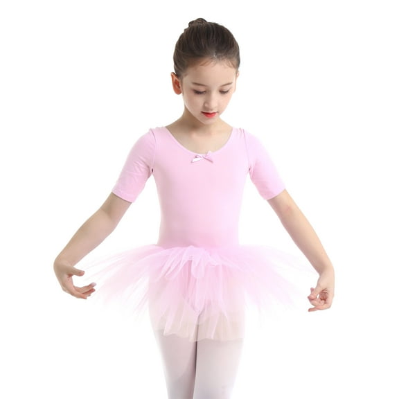 Moggemol Kids Girls Short Sleeve U Neck Ballet Dance Tutu Dress CrissCross Strap Leotard Gymnastic Pink M