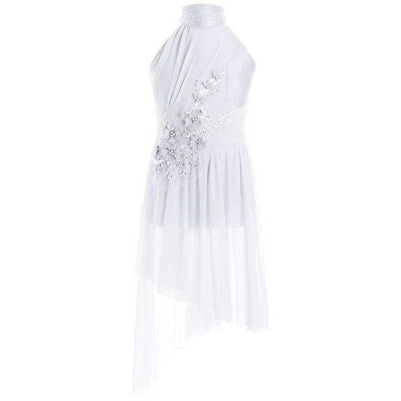 Moggemol Kids Girls Sleeveless Rhinestones Flower Applique Lyrical Ballet Leotard Dress Contemporary Ivory 8