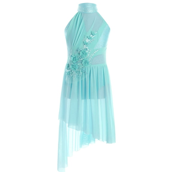 Moggemol Kids Girls Sleeveless Rhinestones Flower Applique Lyrical Ballet Leotard Dress Contemporary Light Blue 6