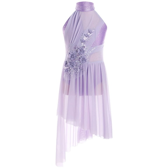 Moggemol Kids Girls Sleeveless Rhinestones Flower Applique Lyrical Ballet Leotard Dress Contemporary Light Purple 8