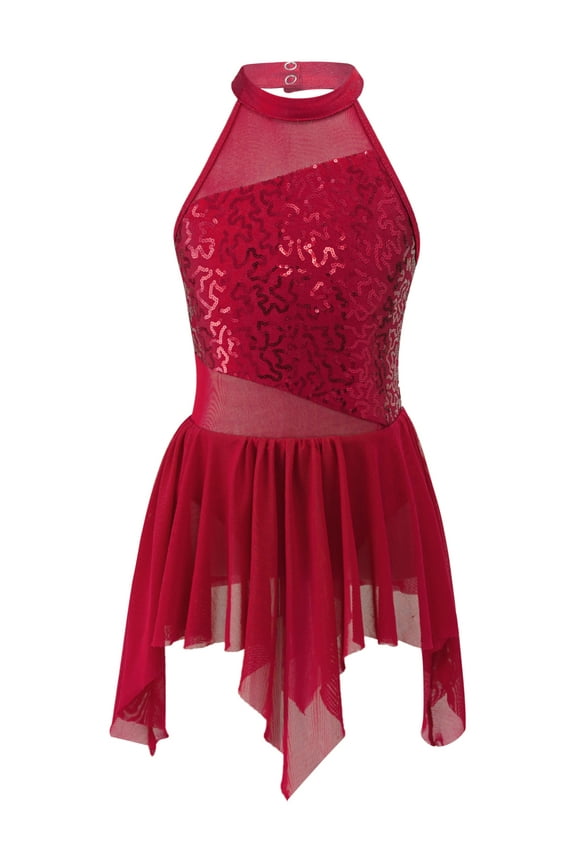 Kids Girls Stage Performance Tango Latin Dancewear Ballet Dance Dancer Shiny Sequined Burgundy 12