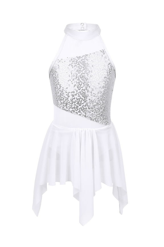 Kids Girls Stage Performance Tango Latin Dancewear Ballet Dance Dancer Shiny Sequined White 12