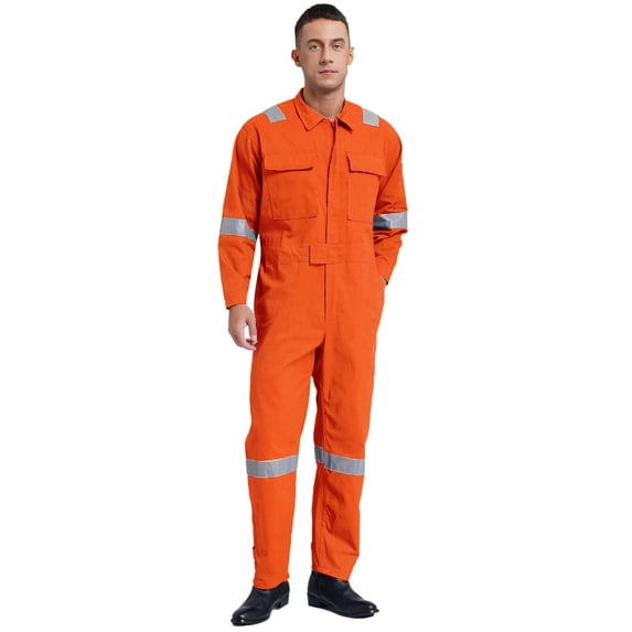 Moggemol Men's 100% Cotton Work Overalls Reflective Strips Jumpsuit Dustproof Dungarees Coveralls Orange 3XL/185
