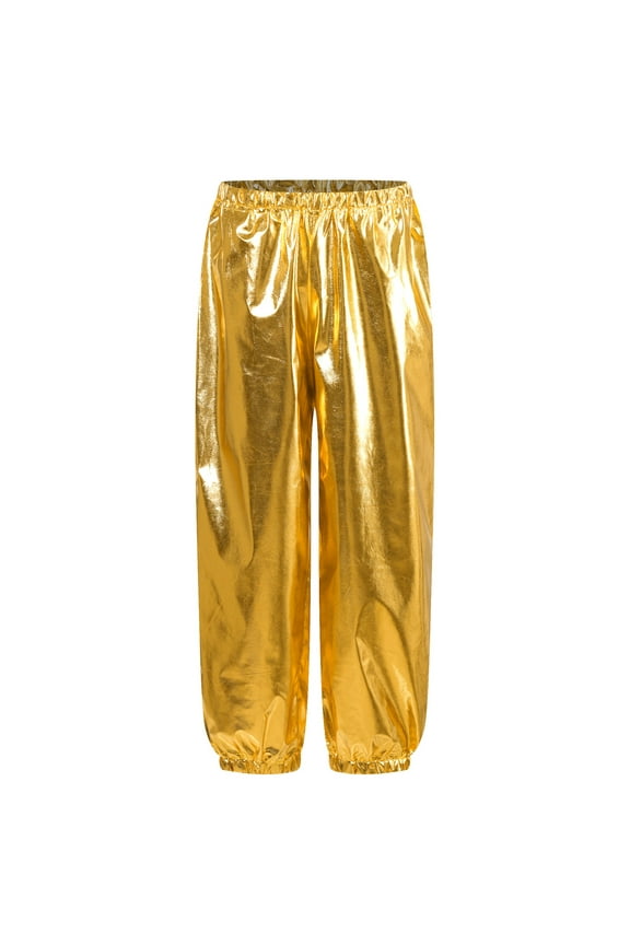 Unisex Girls Boys Shiny Metallic Dance Harem Pants Athletic Jogger Pants Jazz Hip Hop Street Gold 130