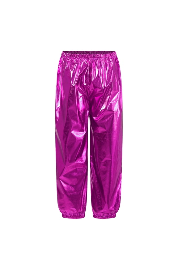 Unisex Girls Boys Shiny Metallic Dance Harem Pants Athletic Jogger Pants Jazz Hip Hop Street Hot Pink 160