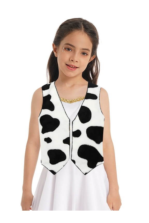 Unisex Kids Cowboys Cowgirls Cosplay Waistcoat Cow Printed Vest Jacket Top Halloween Party Black&White 8